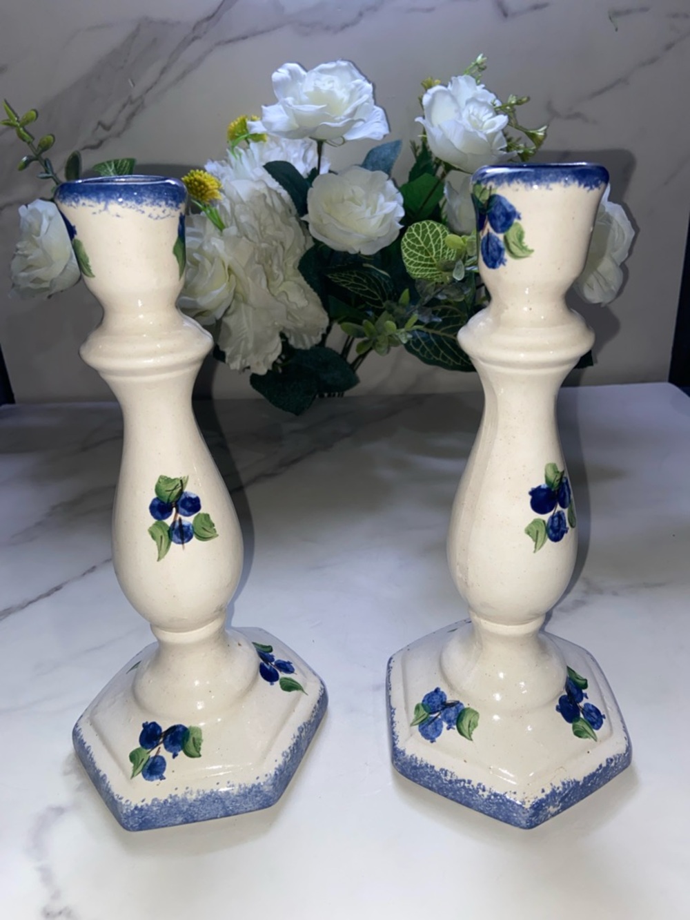 Ser of 2 Blueberries 🫐 Hand Painted Sign Ceramic Pottery stoneware Candlesticks